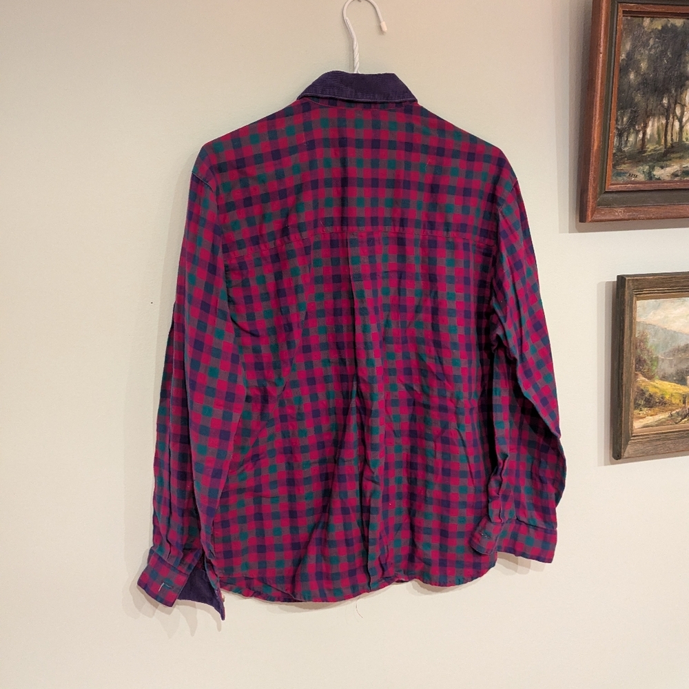 Vintage 90s Plaid Corduroy Collar Button Up Top Women's Medium Pink Purple 182 - Picture 5 of 9